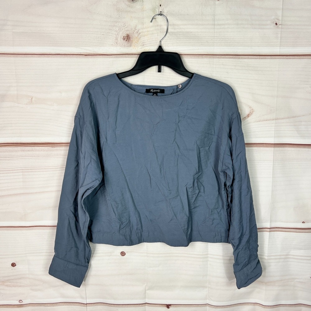 Madewell Top Womens XS Blue Relaxed Tulip Back Blouse Long Sleeve Round Neck